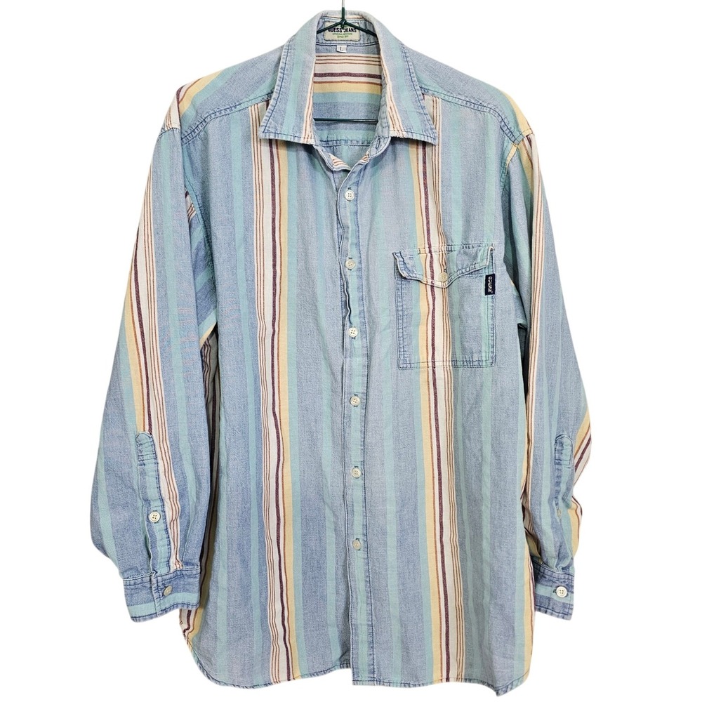Vintage 90s Guess Jeans Striped Button Front Shirt‎ USA Tradition Cotton Size L